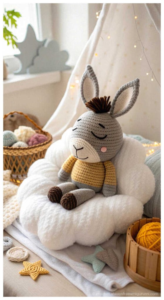 DIY Crochet Gift Idea: Free no sew donkey plushie with velvet yarn, AI generated version.