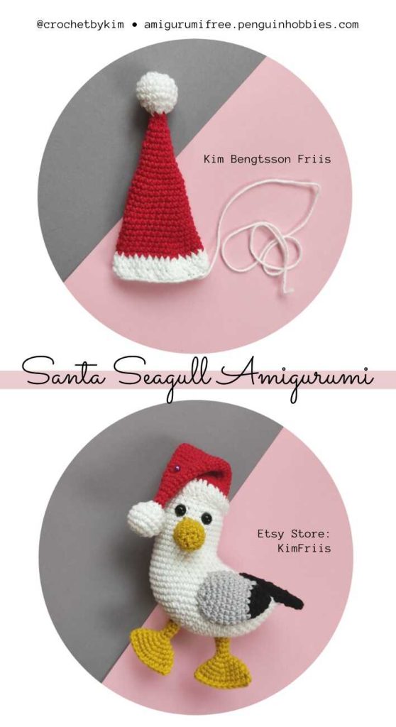 This is a high-quality image of the completed Christmas seagull from our free amigurumi pattern.