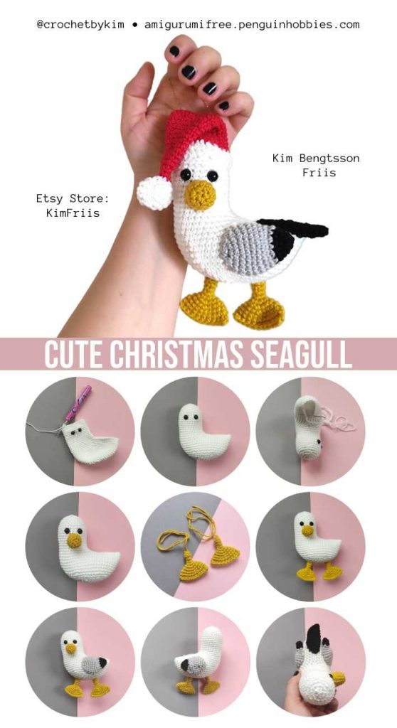 This is a high-quality image showing the finished components of our free seagull crochet pattern.