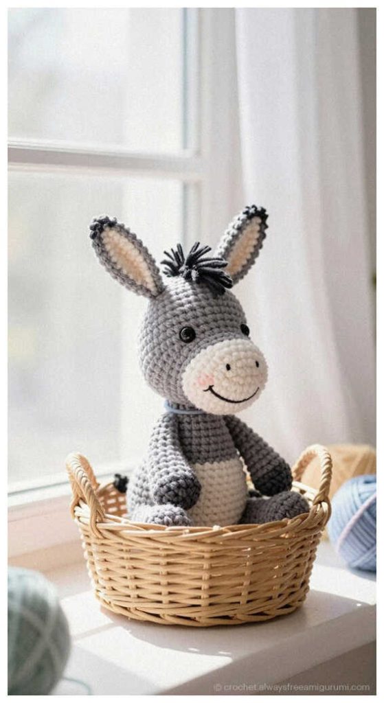 Nursery Decor Inspiration: Stylish no sew amigurumi donkey for baby rooms, AI concept art.