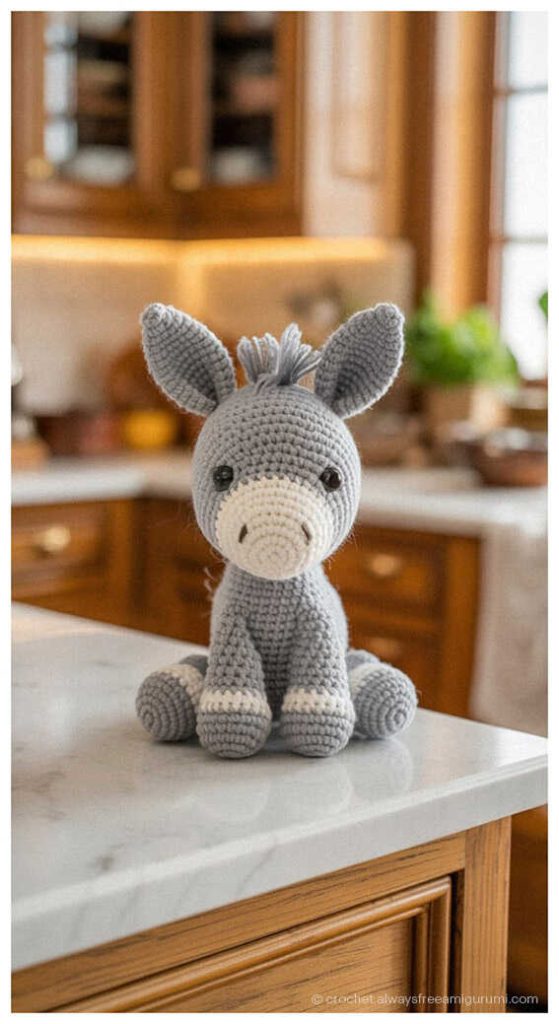 DIY Crochet Gift Idea: Personalized no sew mini donkey plushie for kids, AI generated version.