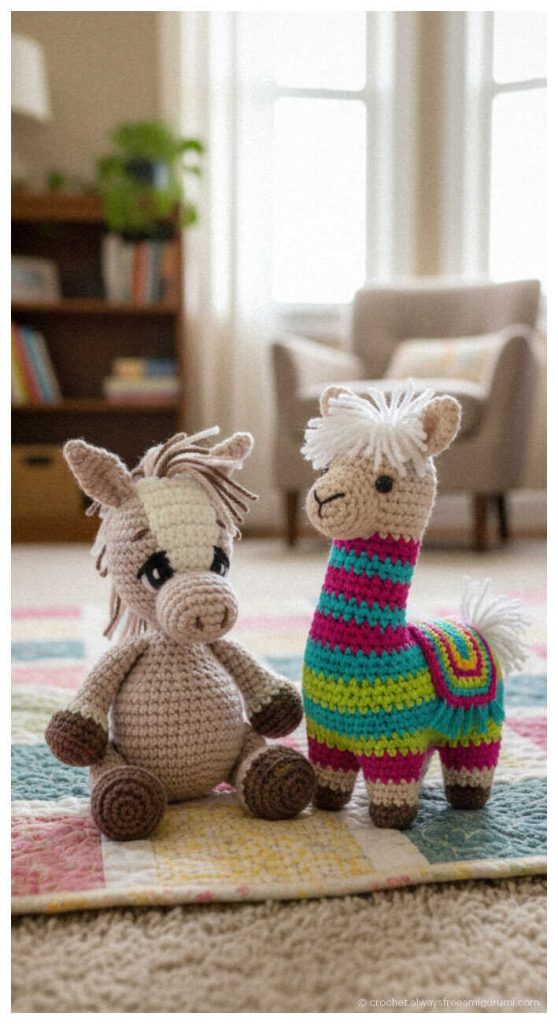 Handmade Nursery Decor: Dreamy no sew donkey amigurumi with soft textures, AI rendering.