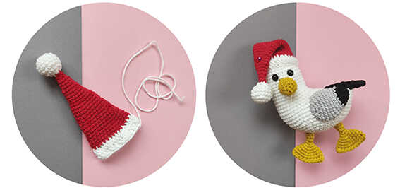 This is a professional image of the Santa hat and pom-pom accessory from our free amigurumi pattern.