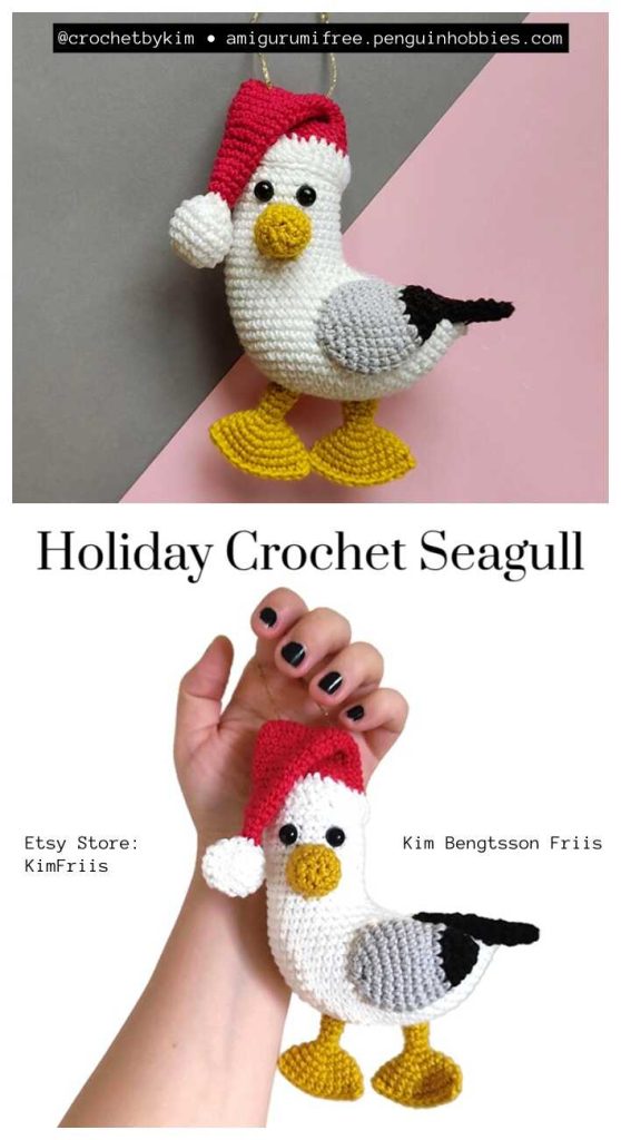 This is a professional image of the Santa Seagull amigurumi from our free crochet pattern.