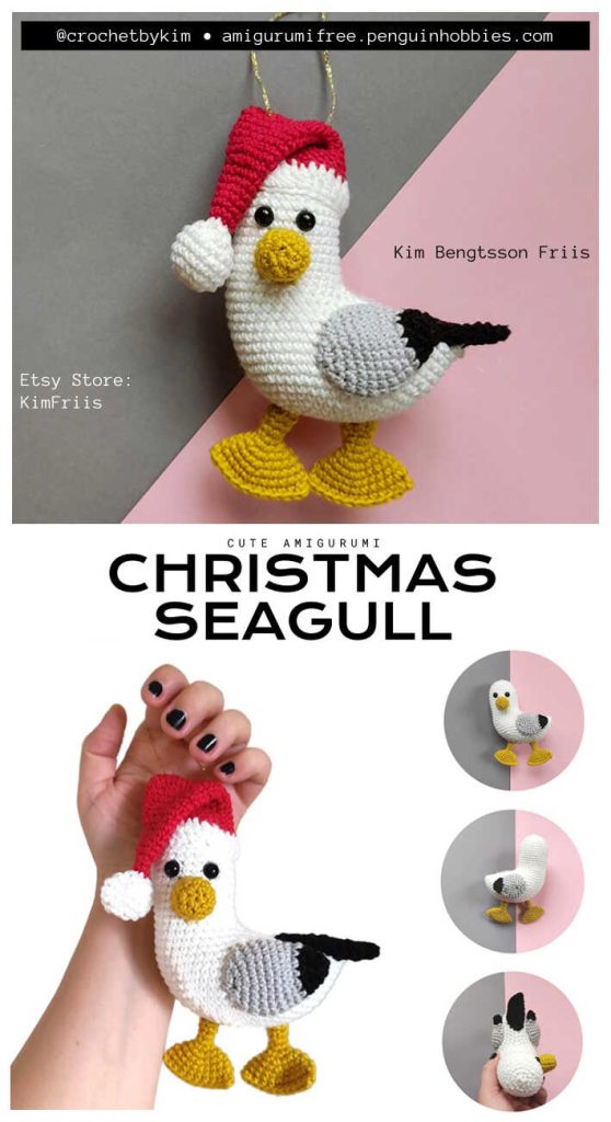This is a clear image of the handmade accessories included in our free Santa Seagull crochet pattern.