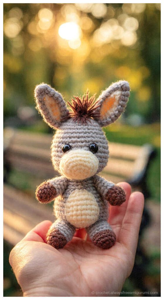 Quick to Make Amigurumi: Free no sew mini donkey head pattern for baby mobiles, AI visualization.