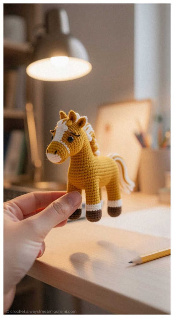 Small crochet horse amigurumi toy in warm brown color placed on a desk, handmade baby gift inspiration