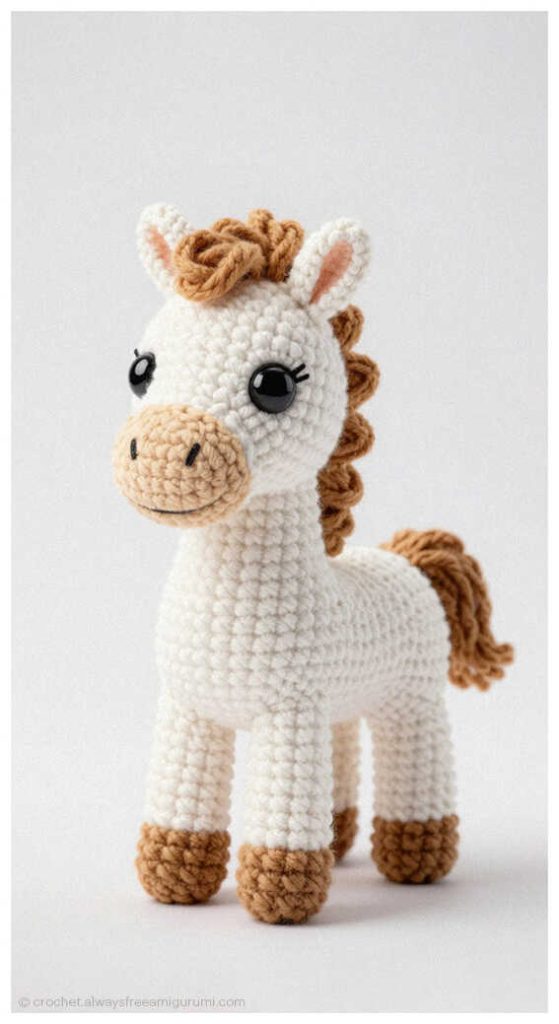 Crochet horse amigurumi in white and brown tones standing upright, handmade nursery decor inspiration