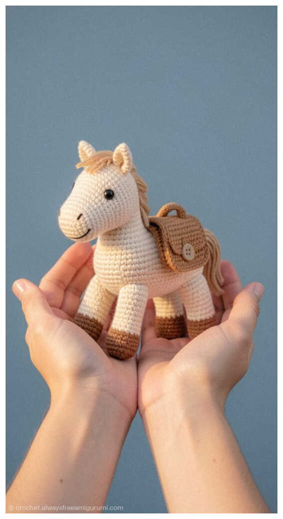 Small crochet horse amigurumi held in two hands, handmade baby gift and nursery decor inspiration