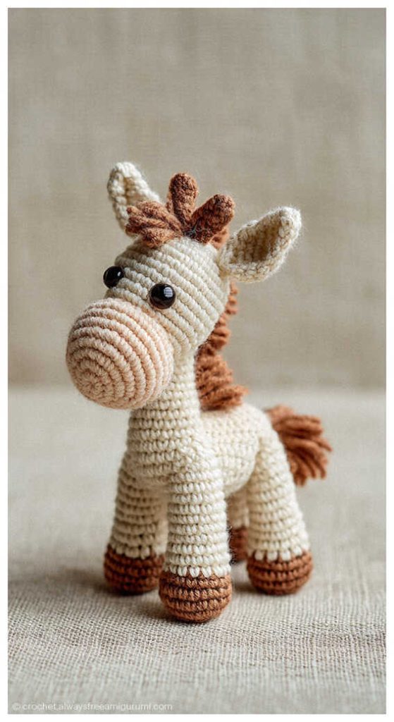Beige and brown crochet horse amigurumi toy standing upright, handmade baby gift and nursery decor idea