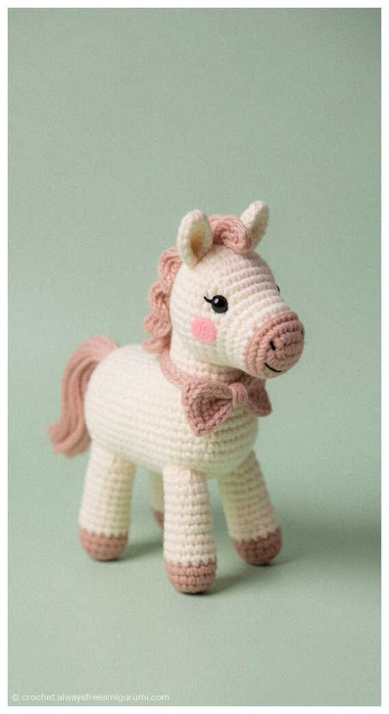 Pastel crochet horse amigurumi in soft pink and cream tones, cute handmade nursery decor inspiration