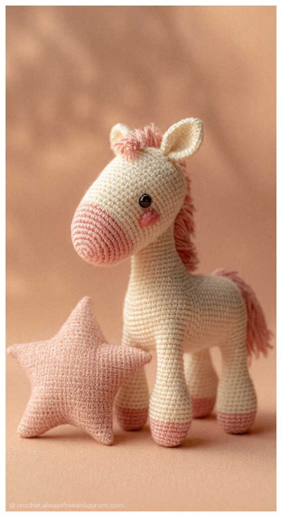 Pastel crochet horse amigurumi standing next to a soft star pillow, handmade nursery decor idea