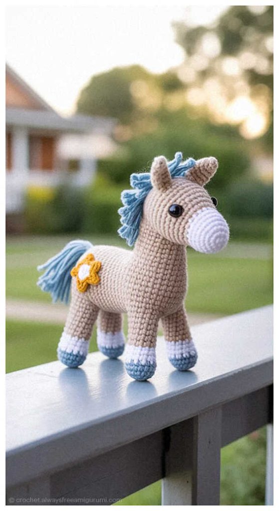 Crochet horse amigurumi with blue mane standing outdoors on a railing, handmade toy gift idea