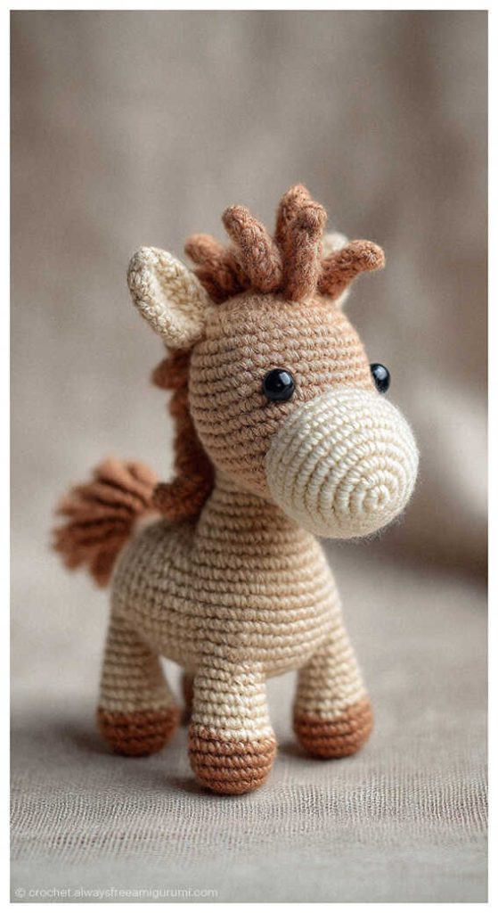 Neutral brown crochet horse amigurumi standing upright, handmade nursery decor and baby shower gift idea