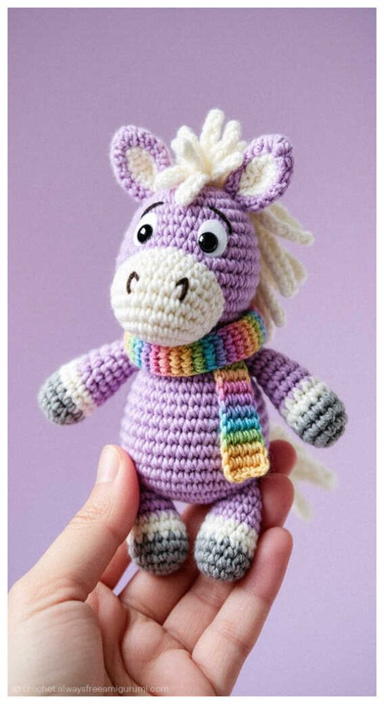 Purple crochet horse amigurumi with rainbow scarf held in hand, handmade toy gift idea for kids