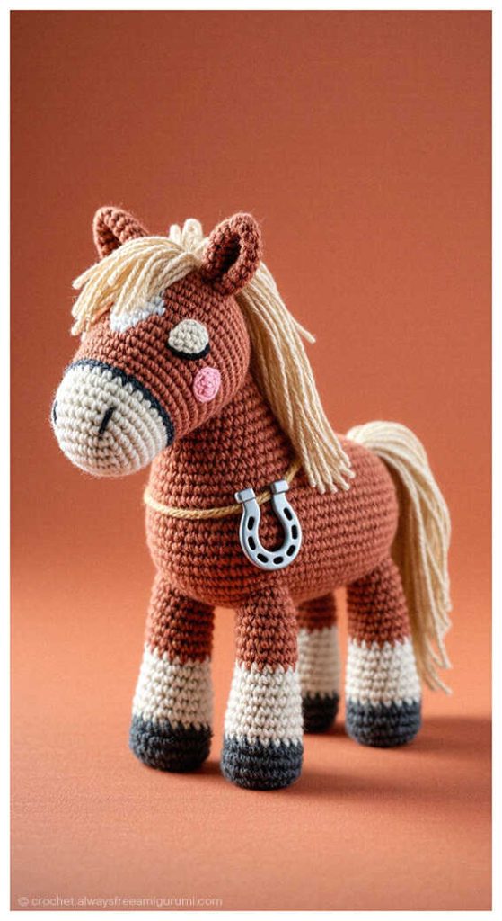 Brown crochet horse amigurumi with long yarn mane standing upright, handmade nursery decor toy inspiration