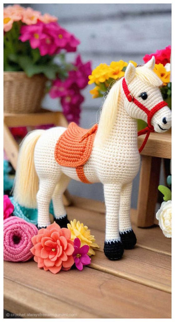 White crochet horse amigurumi with orange saddle placed near colorful flowers, handmade gift idea for kids