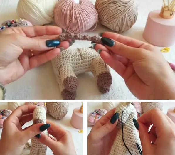 Horse amigurumi free crochet pattern showing body parts being assembled, attaching legs and mane to the crochet horse toy