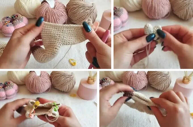 Horse amigurumi free crochet pattern showing body shaping and attaching small ear pieces during assembly of the crochet horse