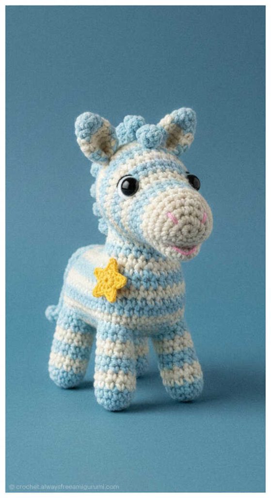 Light blue crochet horse amigurumi with small star detail, handmade baby gift and nursery decor idea