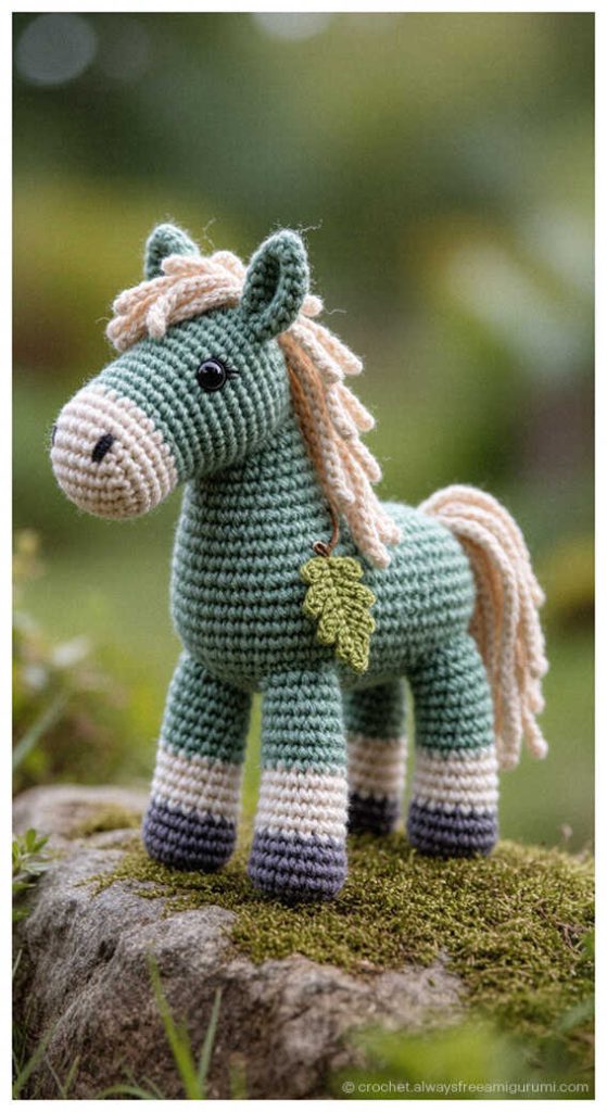 Green crochet horse amigurumi standing outdoors on moss, handmade nursery decor toy inspiration