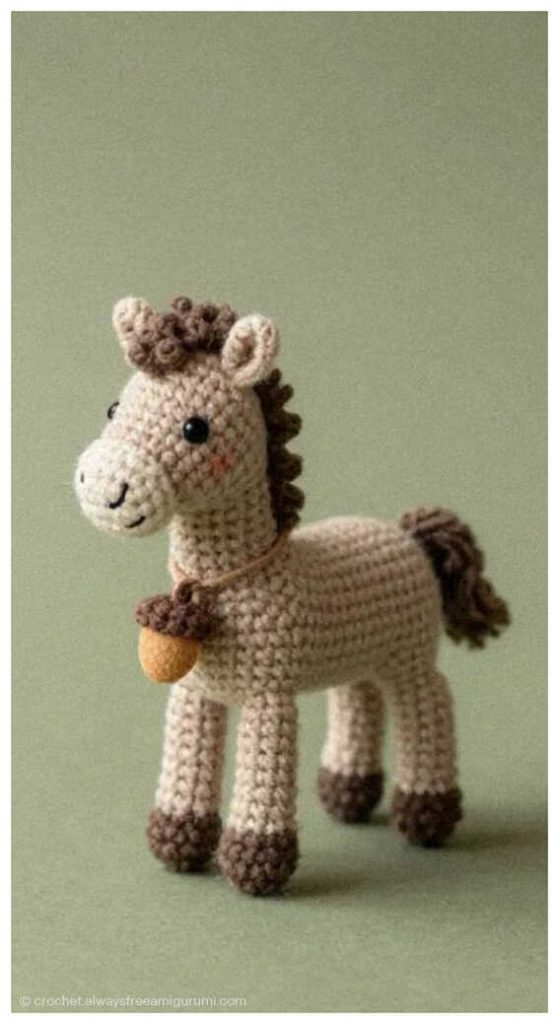 Beige crochet horse amigurumi with brown mane standing upright, handmade nursery decor and baby shower gift inspiration
